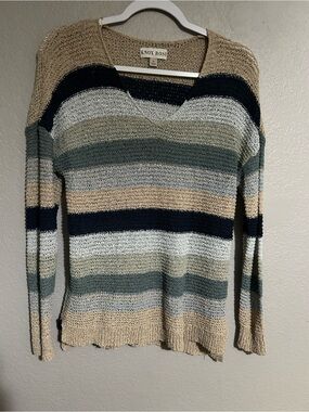 Knox Rose V-Neck Striped Sweater in Beige, Navy & Sage